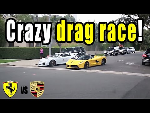 Drag race: Ferrari LaFerrari vs Porsche 911 GT3 - Public in Beverly Hills
