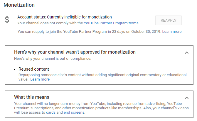 YouTube Kanal demonetarisiert -  Reused content
